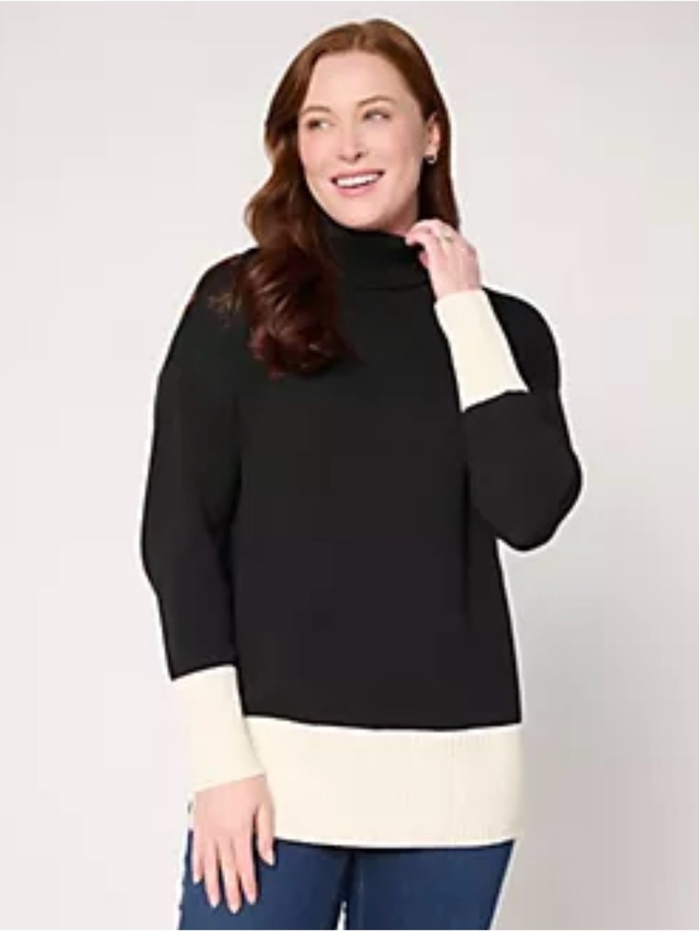 Black and Cream Colorblock Turtleneck Sweater - Women